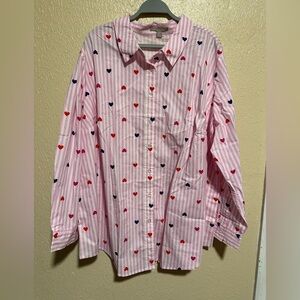 Woman Within 30/32 3X Button Down Blouse Hearts Long Sleeve‎ Plus Size